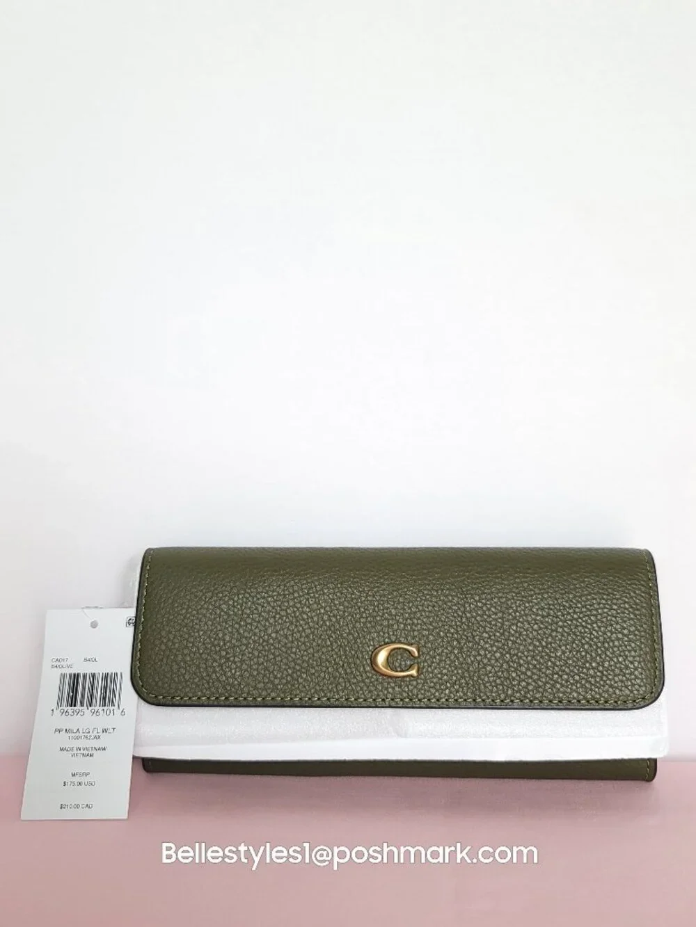 COACH Mila Pebbled Leather Long Flap Wallet- Olive color🎈